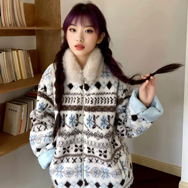 Giacca imbottita da donna Abbigliamento quotidiano da esterno Fair Isle Collo in pelliccia di agnello finta Cappotto invernale Giacca imbottita spessa calda stile etnico da donna