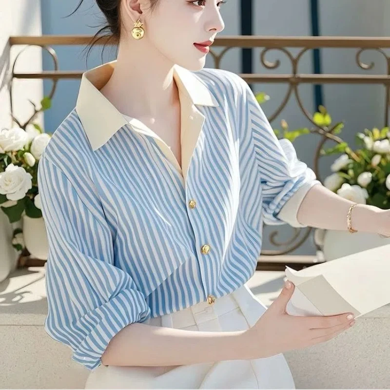 Korean Spring Autumn Women\'s 2024 New Patchwork Polo Collar Button Striped Fashion Loose Minimalist Casual Long Sleeved Shirts