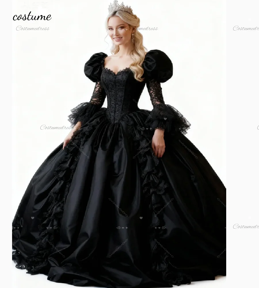 Fantasie zwarte Victoriaanse avondjurk baljurk kant gotische galajurk 2026 satijnen ruches kostuum formele ceremonie feestjurk