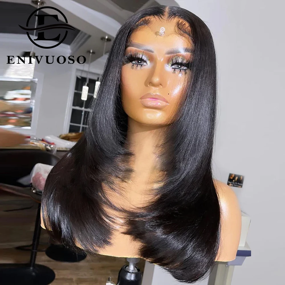 

Silky Straight Synthetic Lace Wigs Natural Hairline Black Reddish Brown Colored 180% Density Layered Cut Glueless Wigs For Party