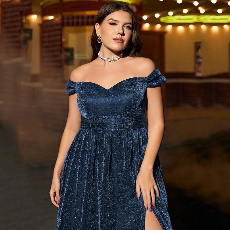 Fora do ombro querida alta divisão longo formal noite vestido plus size azul