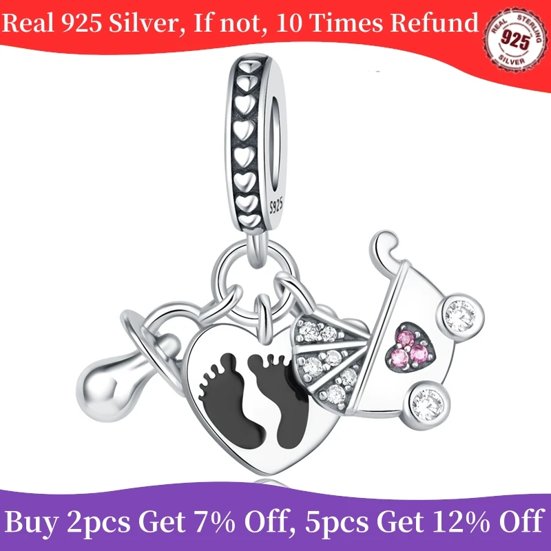 Real 925 Sterling Silver Cute Pacifier footprint stroller Pendant Charm Fit Pandora Bracelet for Women Gifts DIY Jewelry