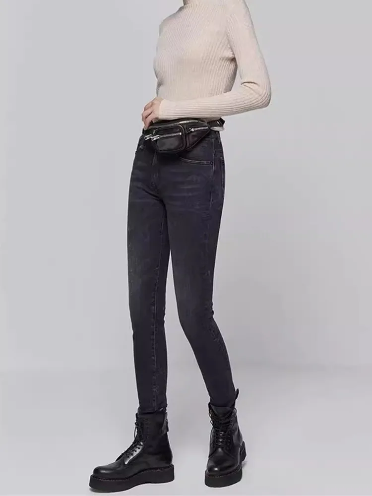 

Black Women Stretch Denim Pencil Pants Fashion Zipper Fly Female High Waist Jeans Four Seasons All-Match