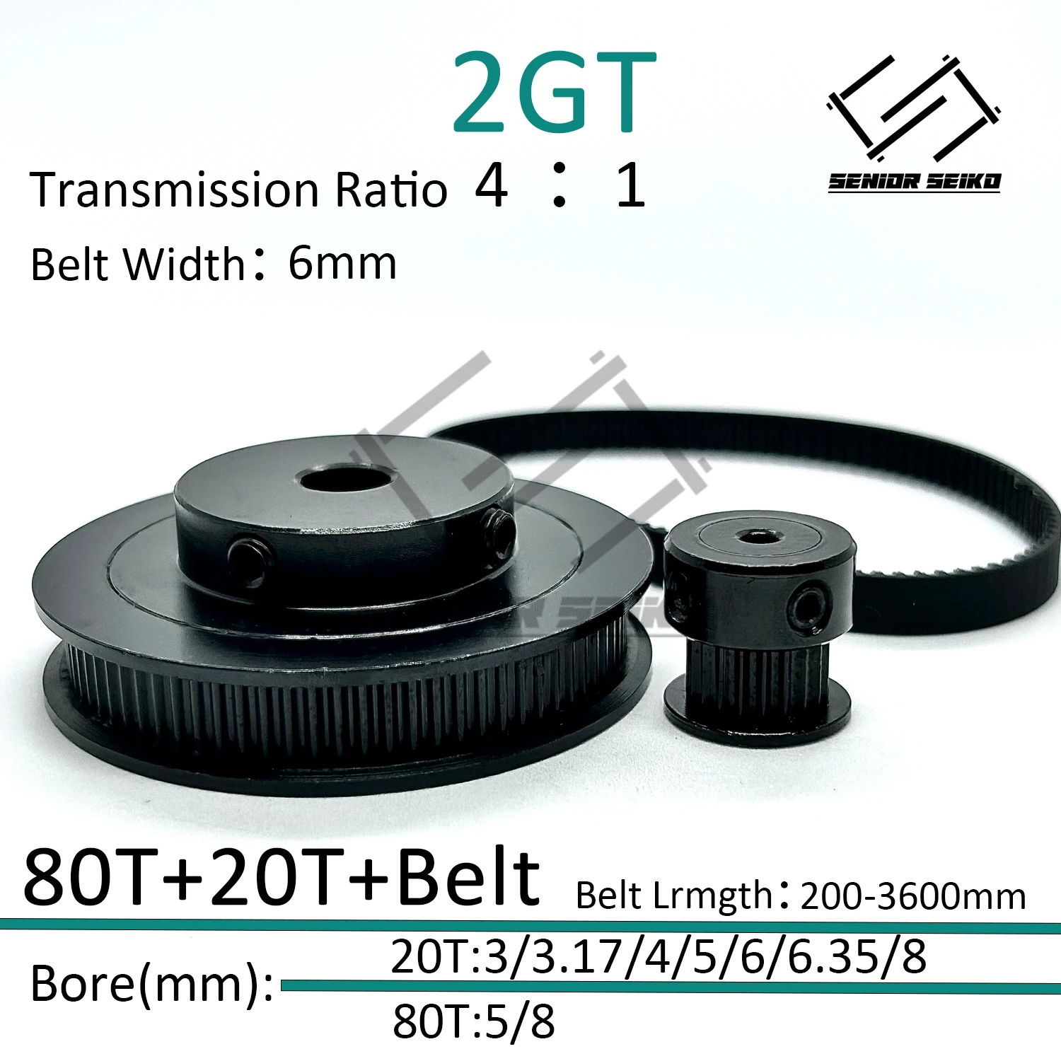2M GT2 Kit 80Teeth 20T 2GT 20T 80T Timing Belt Pulley Set Belt Width 6mm Bore 3~8mm Black 4:1 Wheel Synchronous Pulley Belt Kit