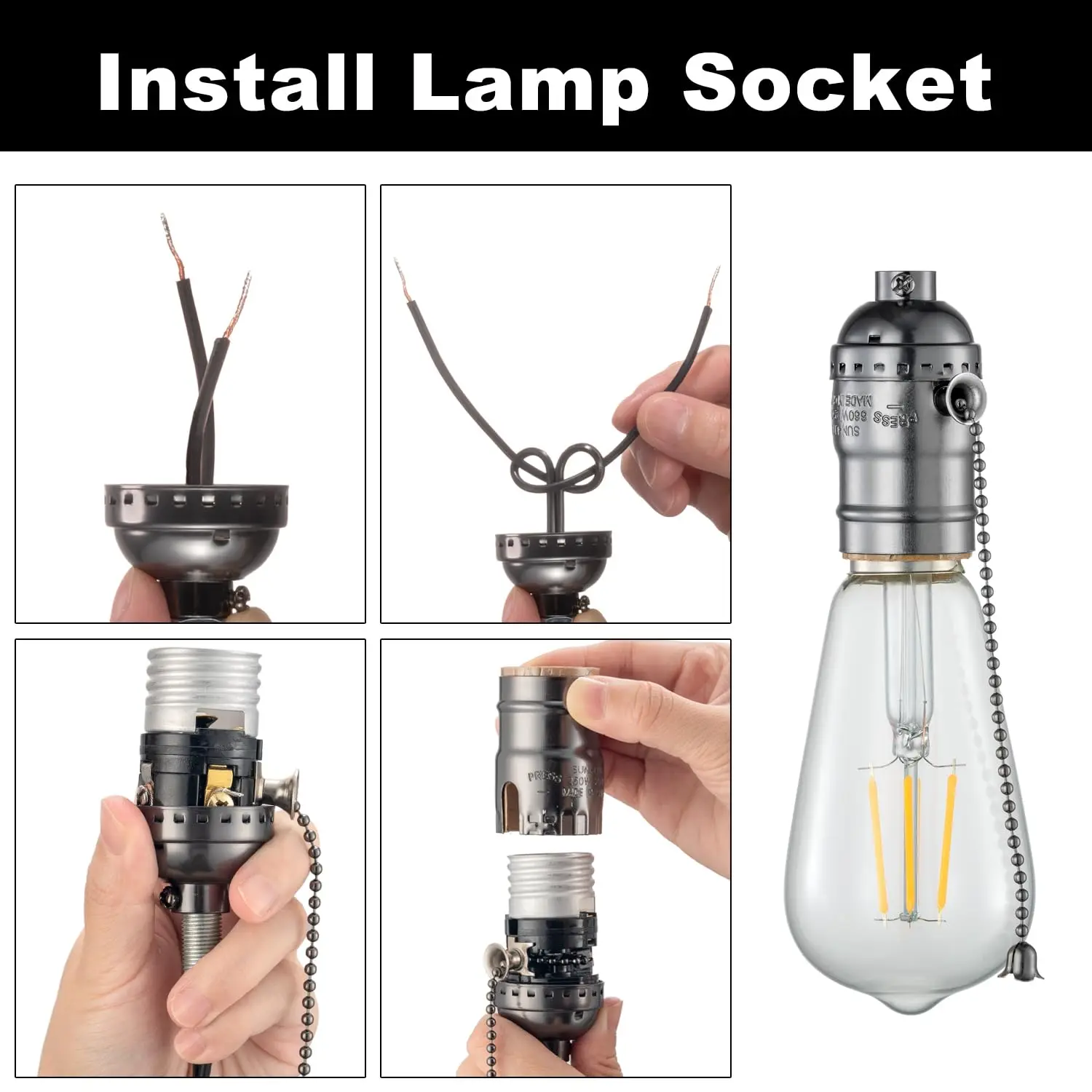 Vintage E26/E27 Lamp Socket with Pull Chain Switch, 3-Pack Black Bulb Base for Table & Floor Lamps Replacement Parts