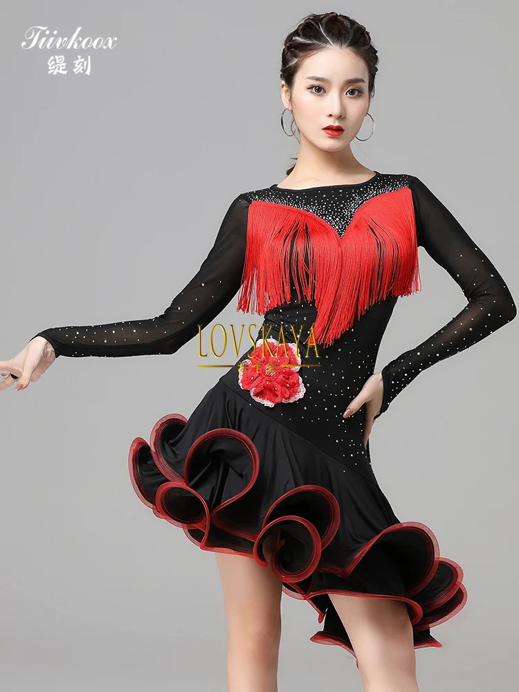 Latin Dance Rok Performance Jurk Vrouwen Sociale Danswedstrijd Dansjurk Rumba Team Performance Sexy Franje Rok