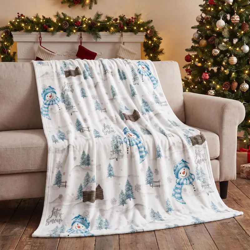 VIKAMA Snowman Throw Blanket Blue Winter Forest Let It Snow Cabin Print Couch Cover Cozy Merry Christmas Home Decor Bed Sofa