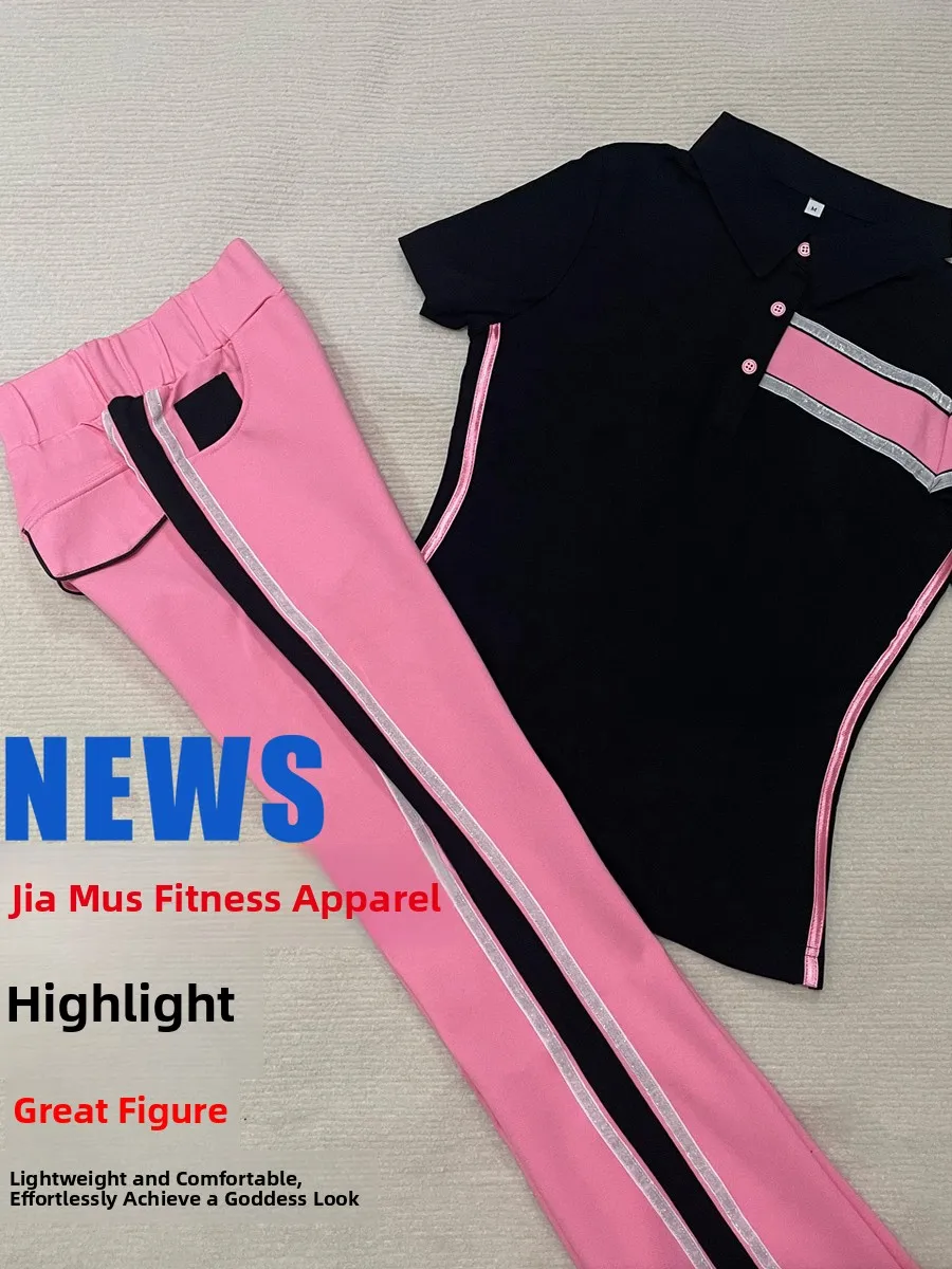 summer-fitness-dance-roman-cotton-short-sleeve-sportswear-set-black-and-pink-casual-women's-sportswear-high-waist-loose-fit