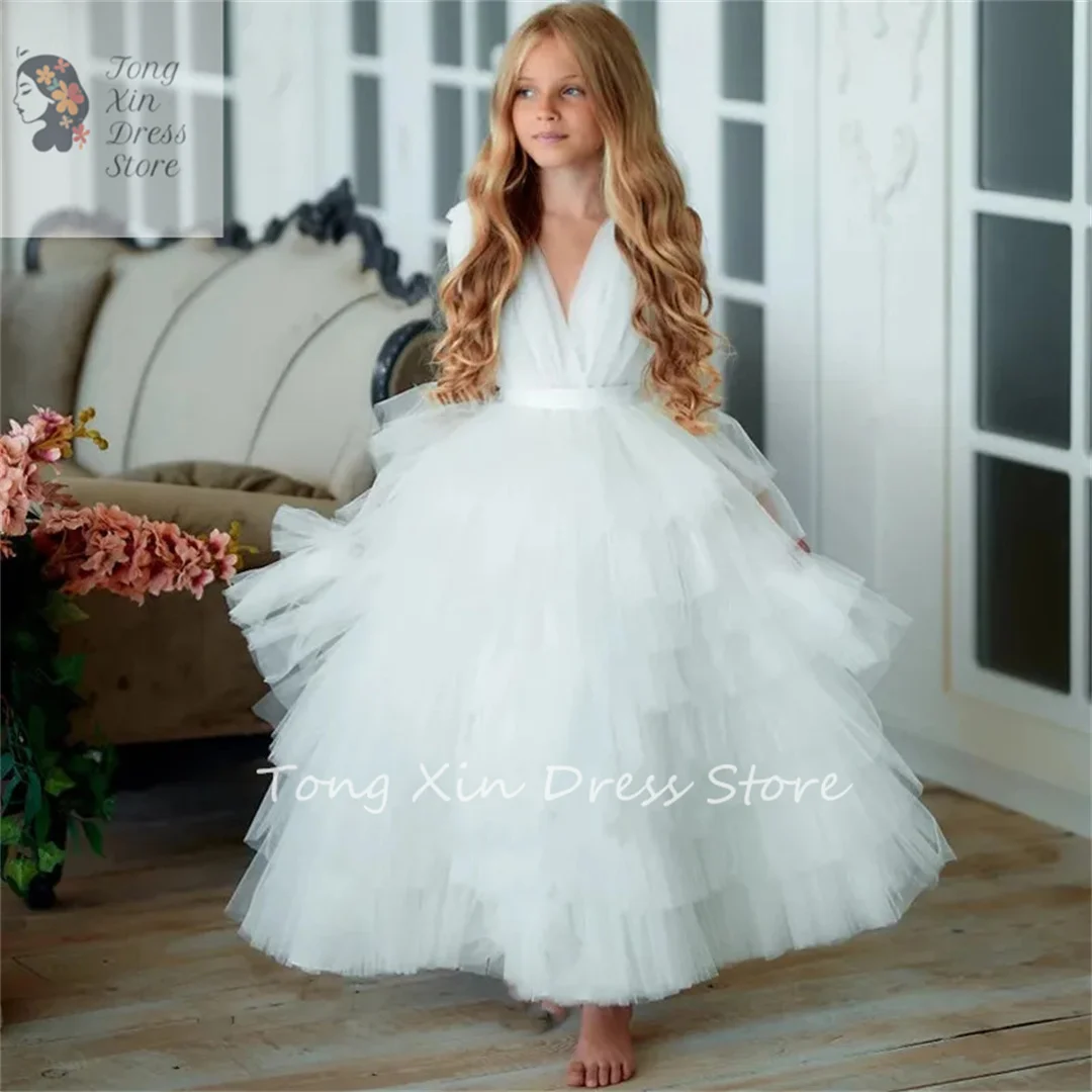 Flower Girl Dress Sleeveless V-Neck Princess Birthday Party Gown First Communion Ceremony roupas de florista