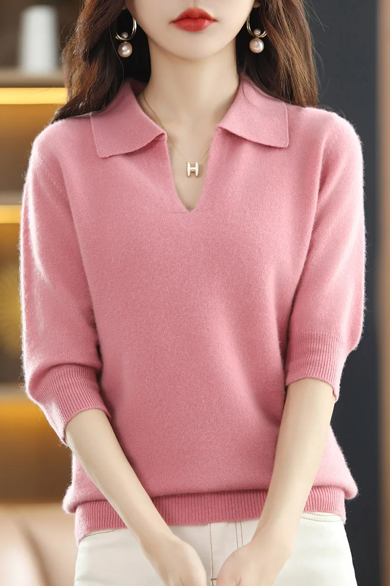 

100% Merino Wool Basic Fashion Sweater Polo Neck Pullover Cashmere Women Clothing Soft Half - Sleeve Comfort Top Casual Solid