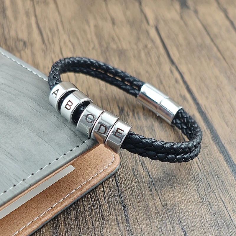 

A-Z letter Custom 2-Layer Leather Bracelet for Men Stainless Steel Tube Wristband Personalized Engraved Gifts for Dad Husband