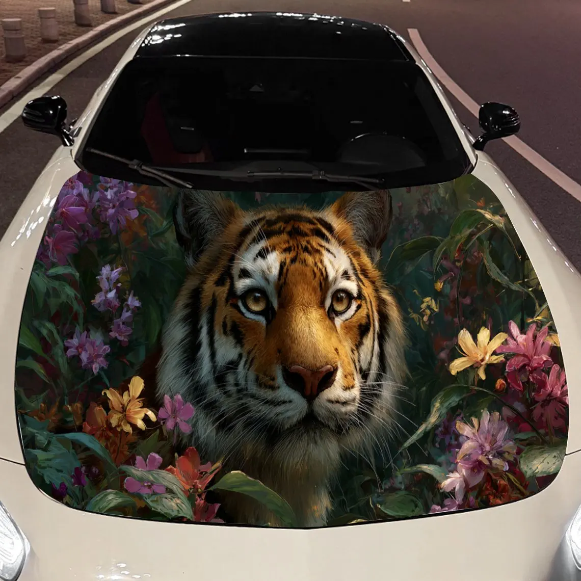 

Car Decals A Tiger Exuding Rich Floral Elegance And Wild Majesty In A Vibrant, Botanical Composition Car Hood Sticker, Waterproo