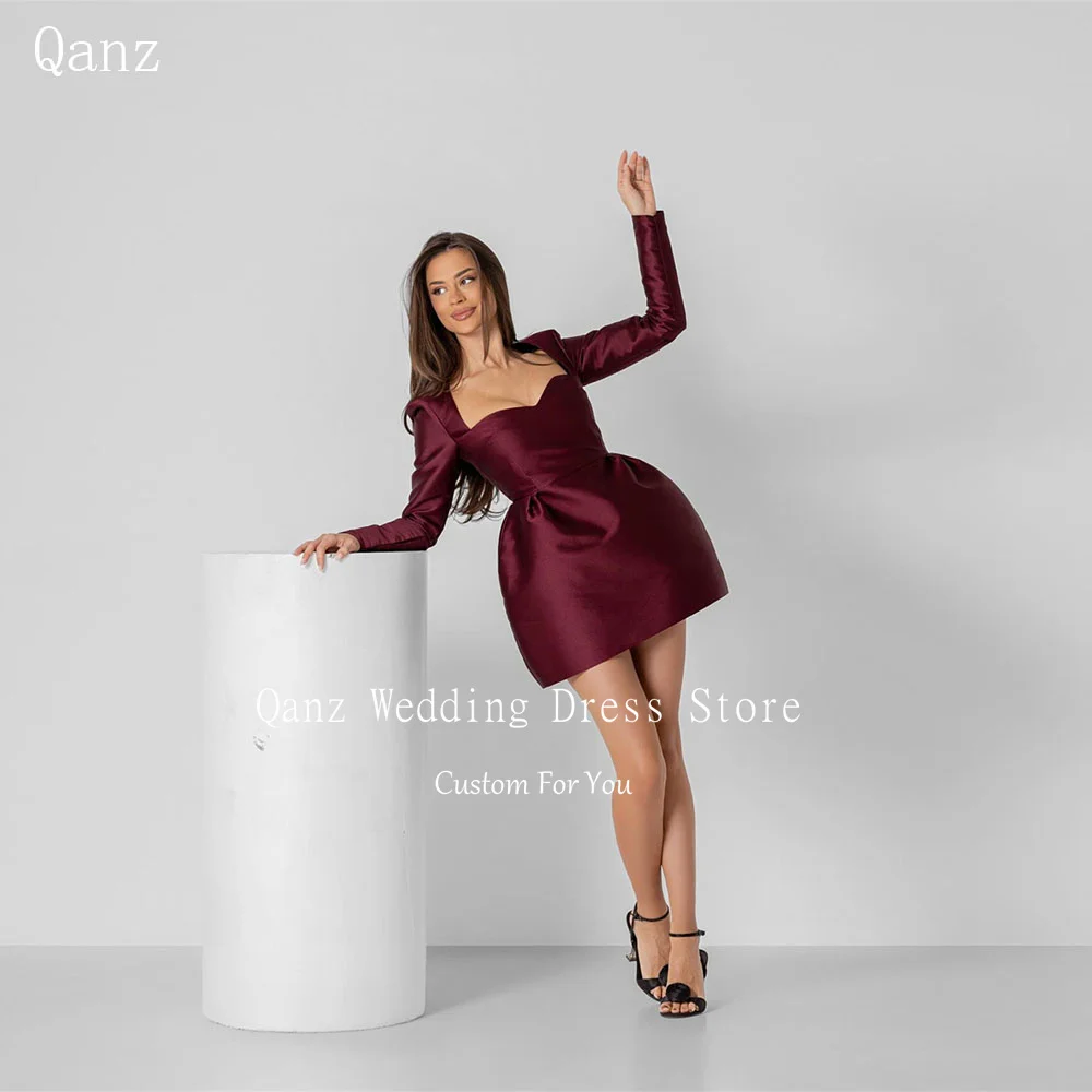 

Qanz Burgundy Satin Party Prom Dresses Long Sleeves Sexy Short Vestidos De Graduación Mini A Line Vestidos De Gala Customized