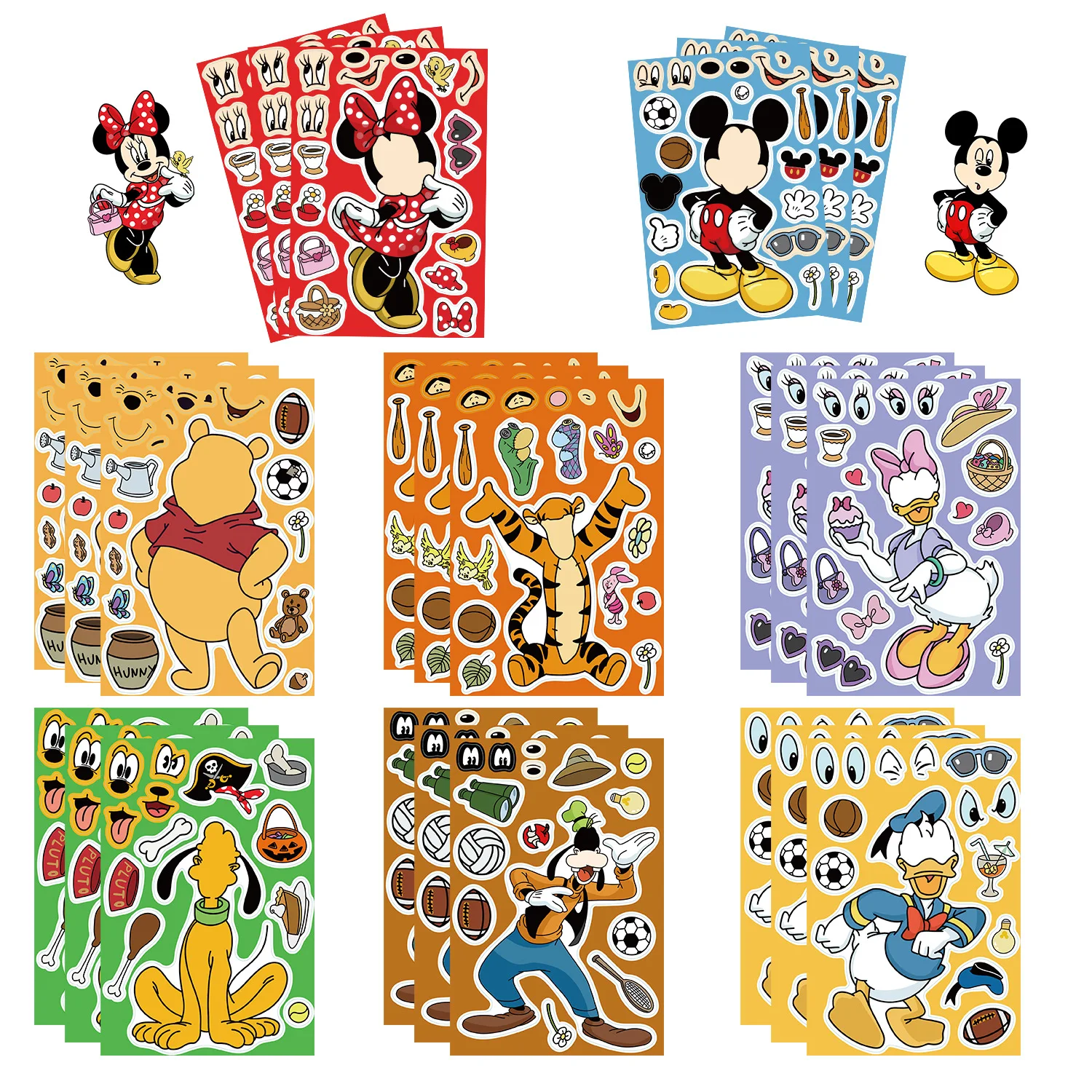 8 Sheets Disney Make A Face Puzzle Stickers Mickey Minnie Donald Duck Kids Assemble Anime Toys Children Funny Game Party Gift