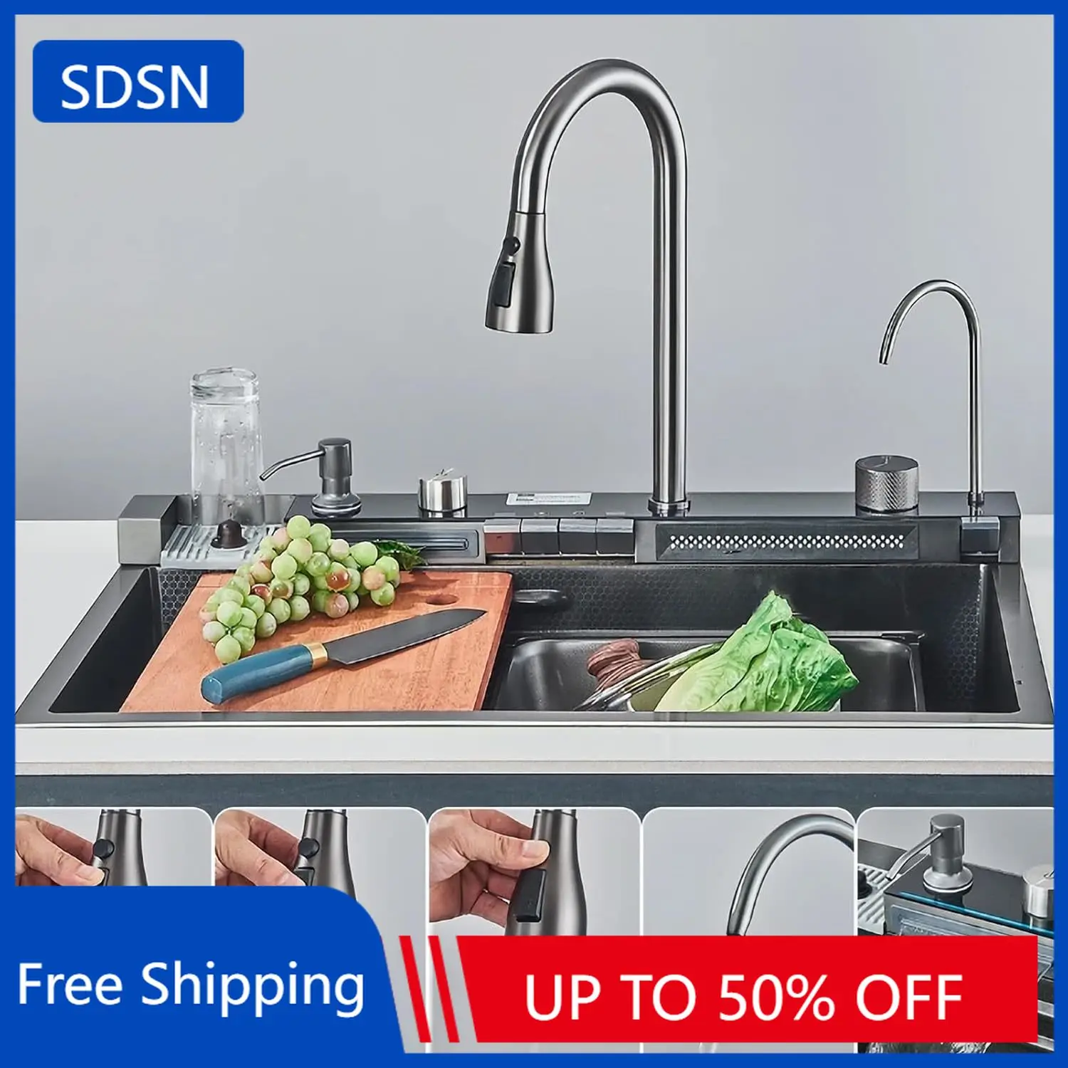 Grey Stainless Steel Digital Kitchen Sink with Hot Cold Pull Out Kitchen Sink Faucet Tap Single Hole Nano Waterfall Kitchen Sink