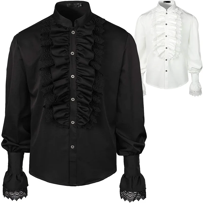 Medieval Cosplay Costume Men Grooms Shirts Renaissance Court Ruffle Lace Trim Vintage Knigh Solid Top Puff Sleeve Pirate Blouse