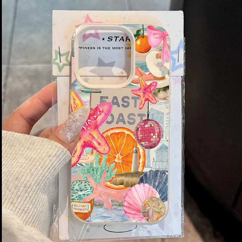 Capa de Celular com Estampa de Bola de Luz e Conchas de Estrela-do-mar Coloridas para iPhone 17 16 15 14 Pro Max 12 11 13 16 Plus 16e Capa Macia Funda