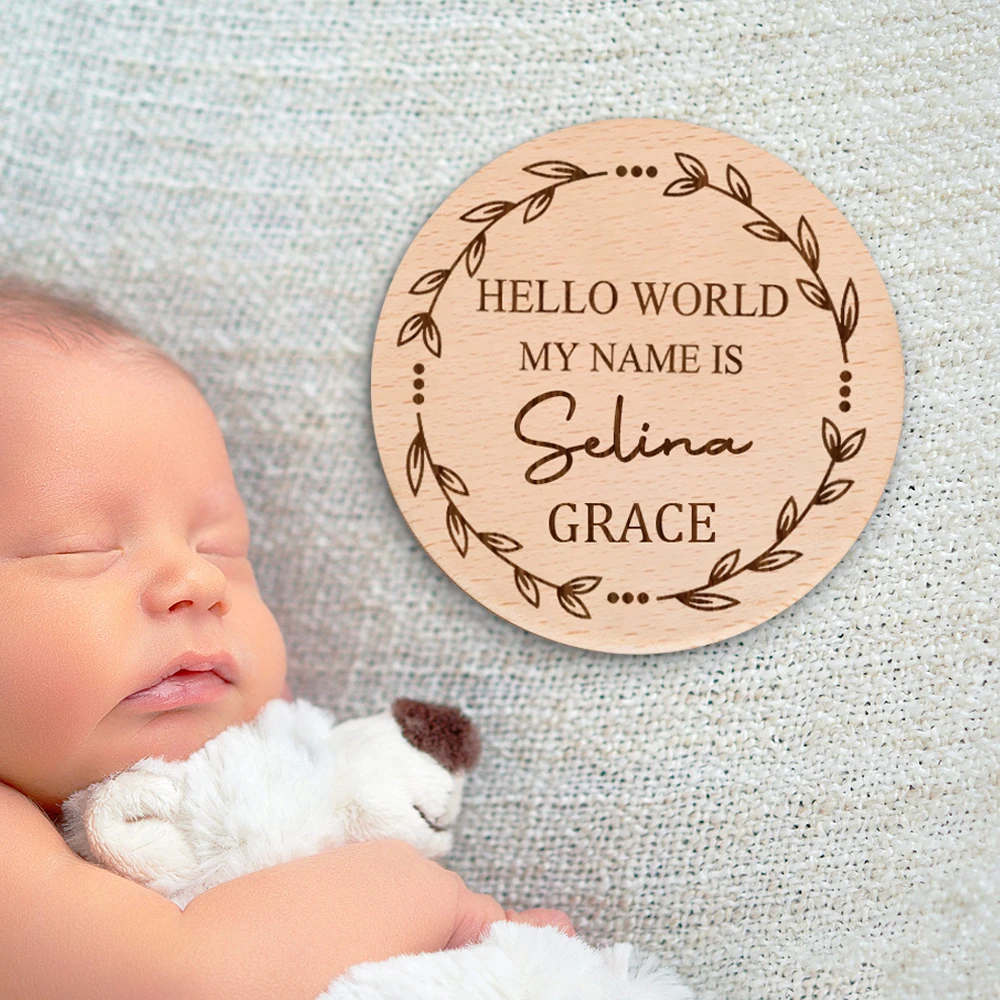 

Custom Baby Name Announcement Wooden Sign with Personalised Engraving New Baby Arrival Plaque Photography Prop Birth Stat Sign