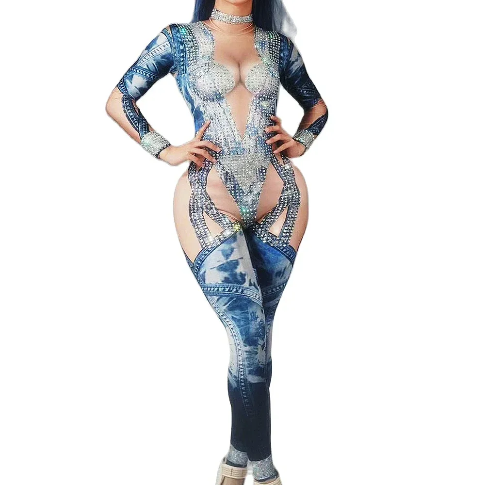 

Denim Print Stretch Nightclub Bar Stage Bodysuits Sparkly Rhinestones Tight Jumpsuits Women Singer Show Performance Costume