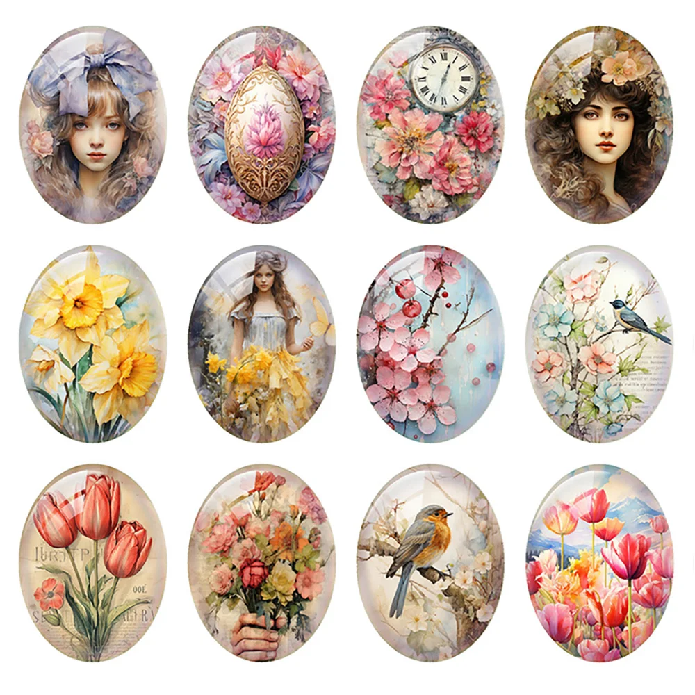 Random Mixed Round/Oval/Square Flower Girl Spring Photo Glass Cabochon Flatback Demo Cameo For Diy Jewelry Making Handmade