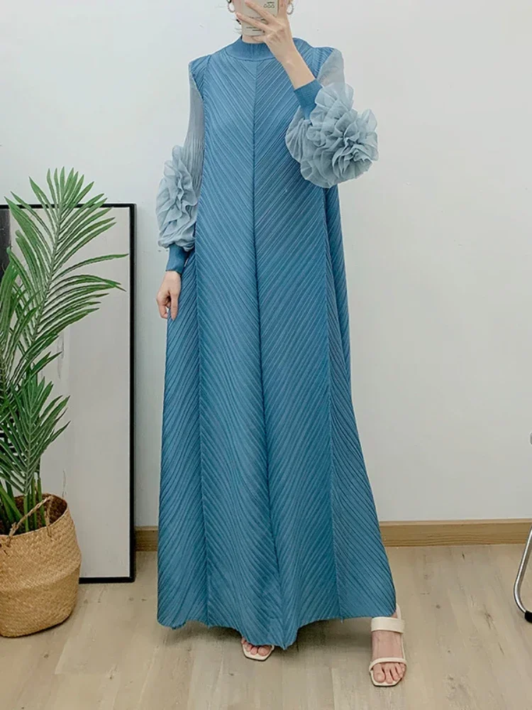 YUDX Pleated Maxi Long Dress Mesh Petal Sleeve Half Turtleneck Formal Dresses for Women 2024 New Hot Sales