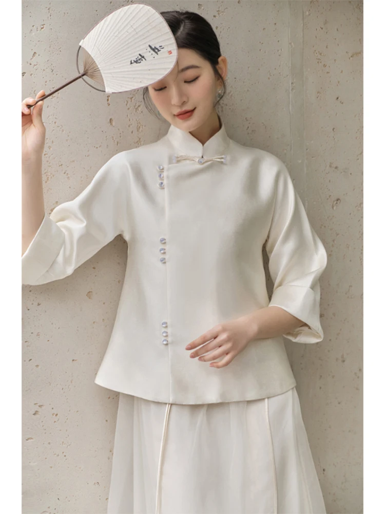 

Новая женская блузка в китайском стиле: модный легкий национальный костюм, топ с воротником, на пуговицах, с боковым разрезом