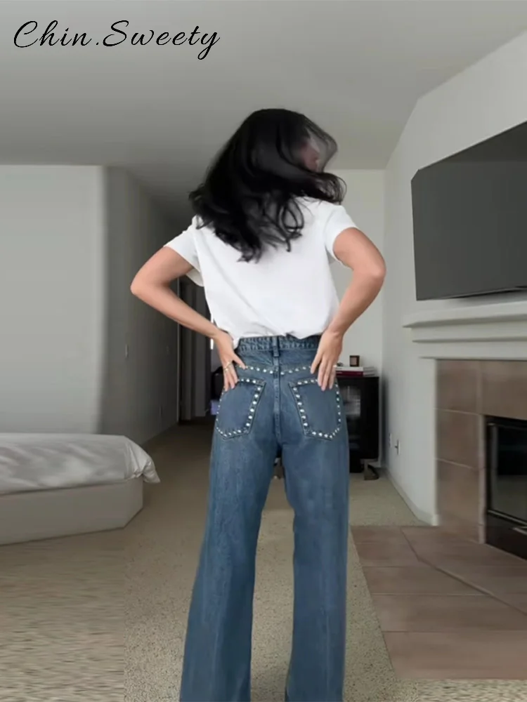 Mode Perlen Bodenlangen Gerade Denim Hosen Frauen Lose Zipper Taschen Hohe Taille Jeans 2025, Herbst Winter Dame Streetwear