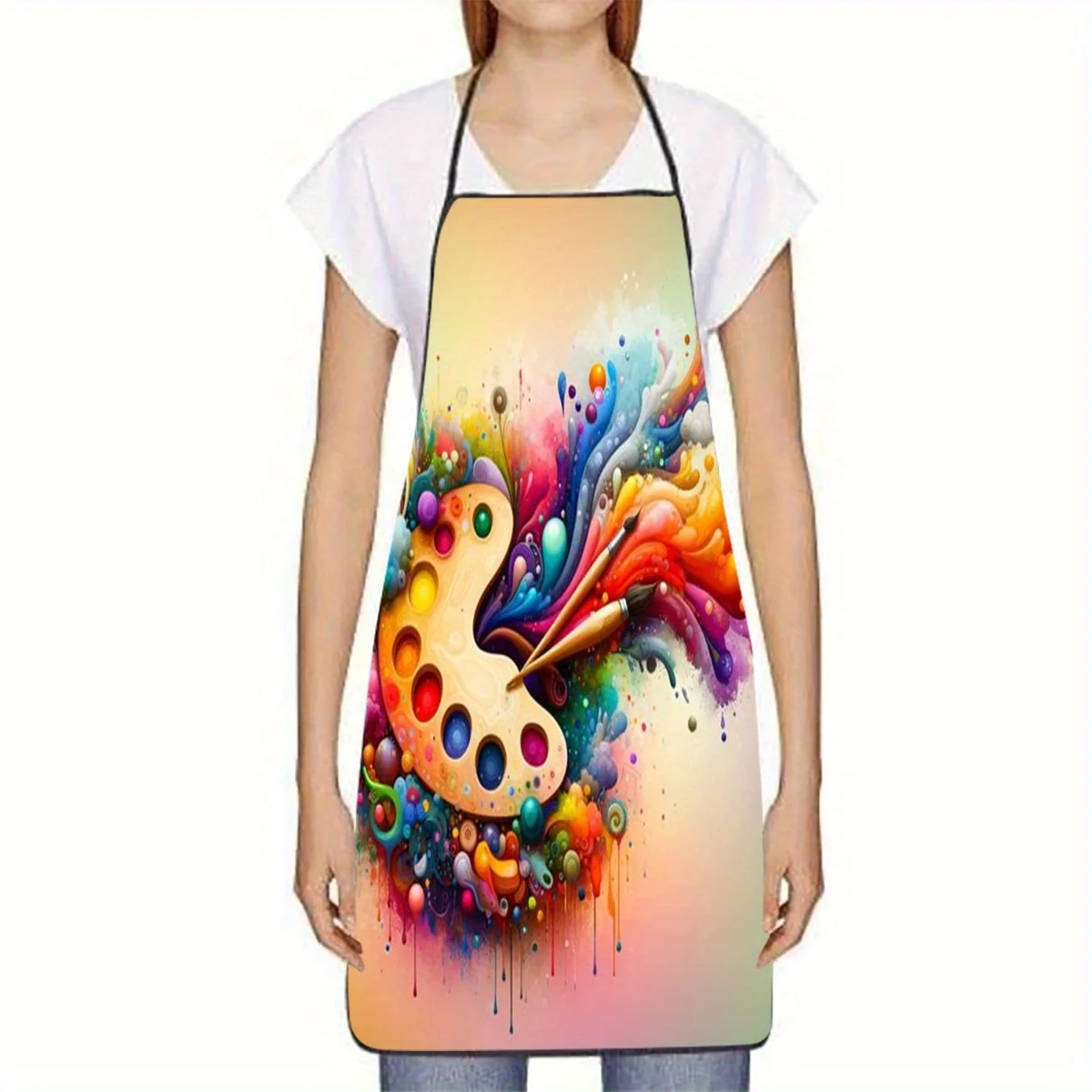 1pc Vibrant Abstract Paint Palette Printed Apron Colorful Swirl Design With Brushes Drips Durable Polyester Fabric