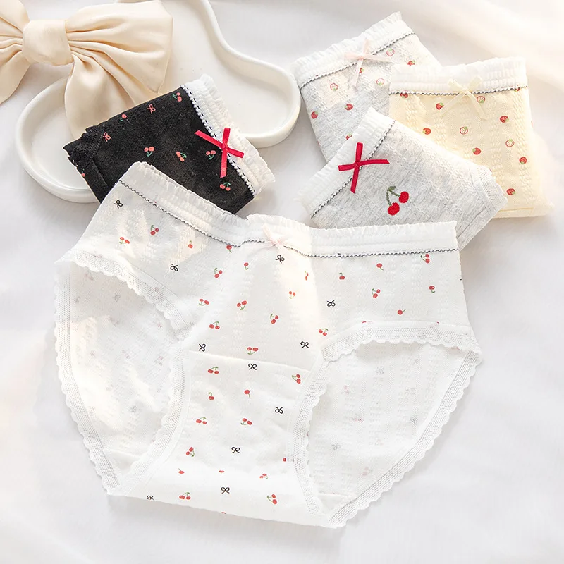 5PCS M-XL Sweet Girl Cherry Strawberry Print Cotton Underwear Women Low Waist Breathable Seamless Panties Student Soft Briefs