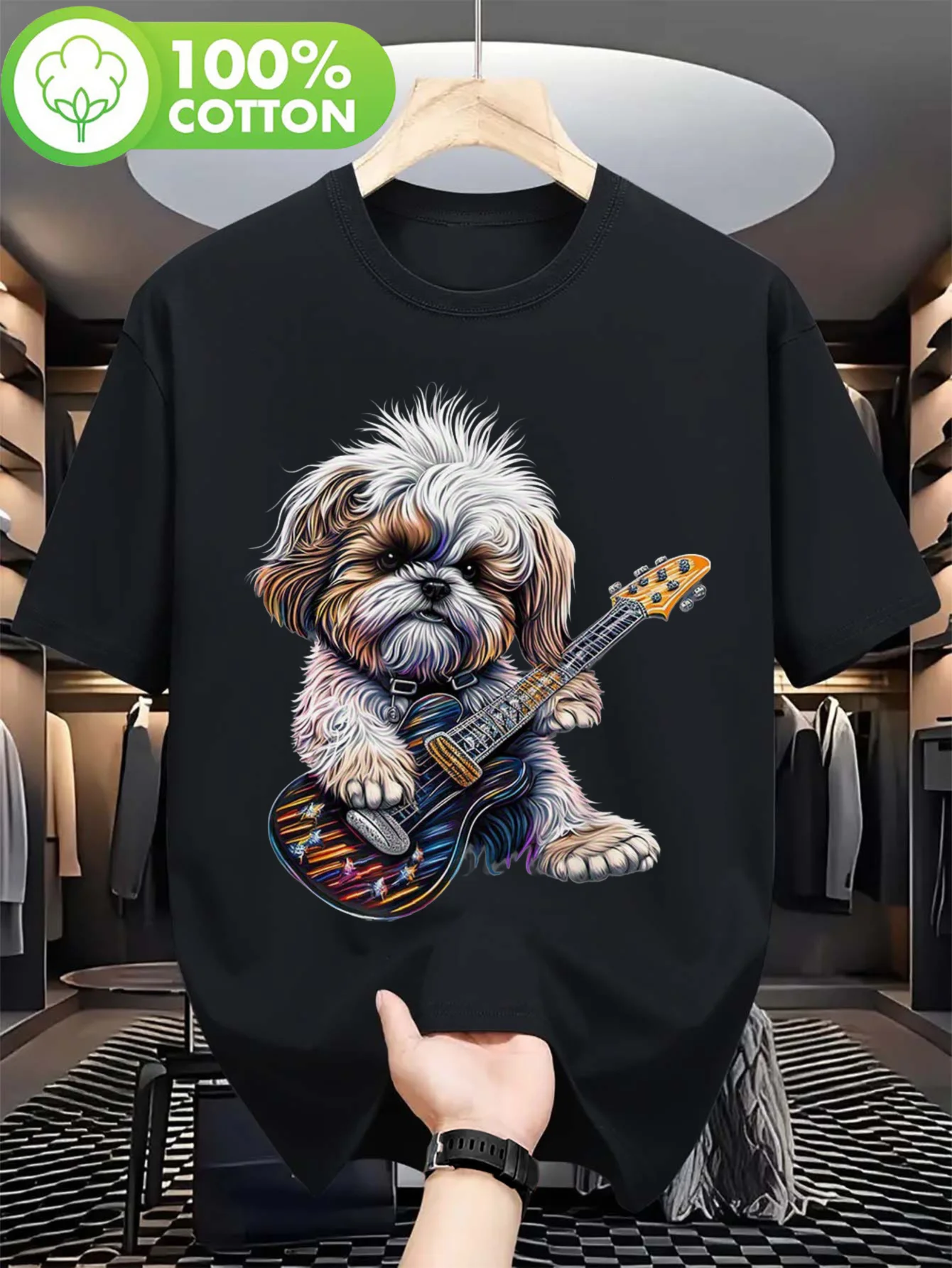 Shih Tzu Rockstar Grafik-T-Shirt |   Schwarzes, kurzärmliges, lässiges T-Shirt mit lebhaftem E-Gitarren-Print, 100 % leicht und atmungsaktiv
