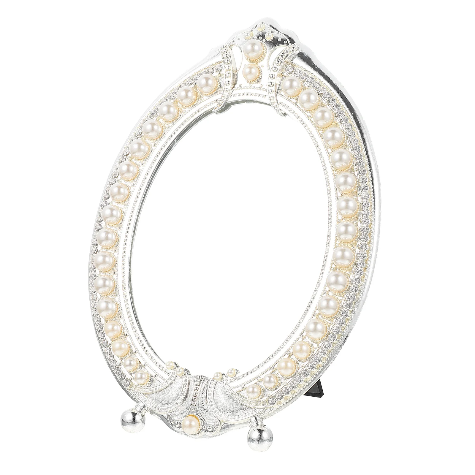 

Vintage Pearl Mirror Desktop Makeup Mirror with Stable Base Retro Zinc Alloy Standing Vanity for Bedroom Dresser Decor