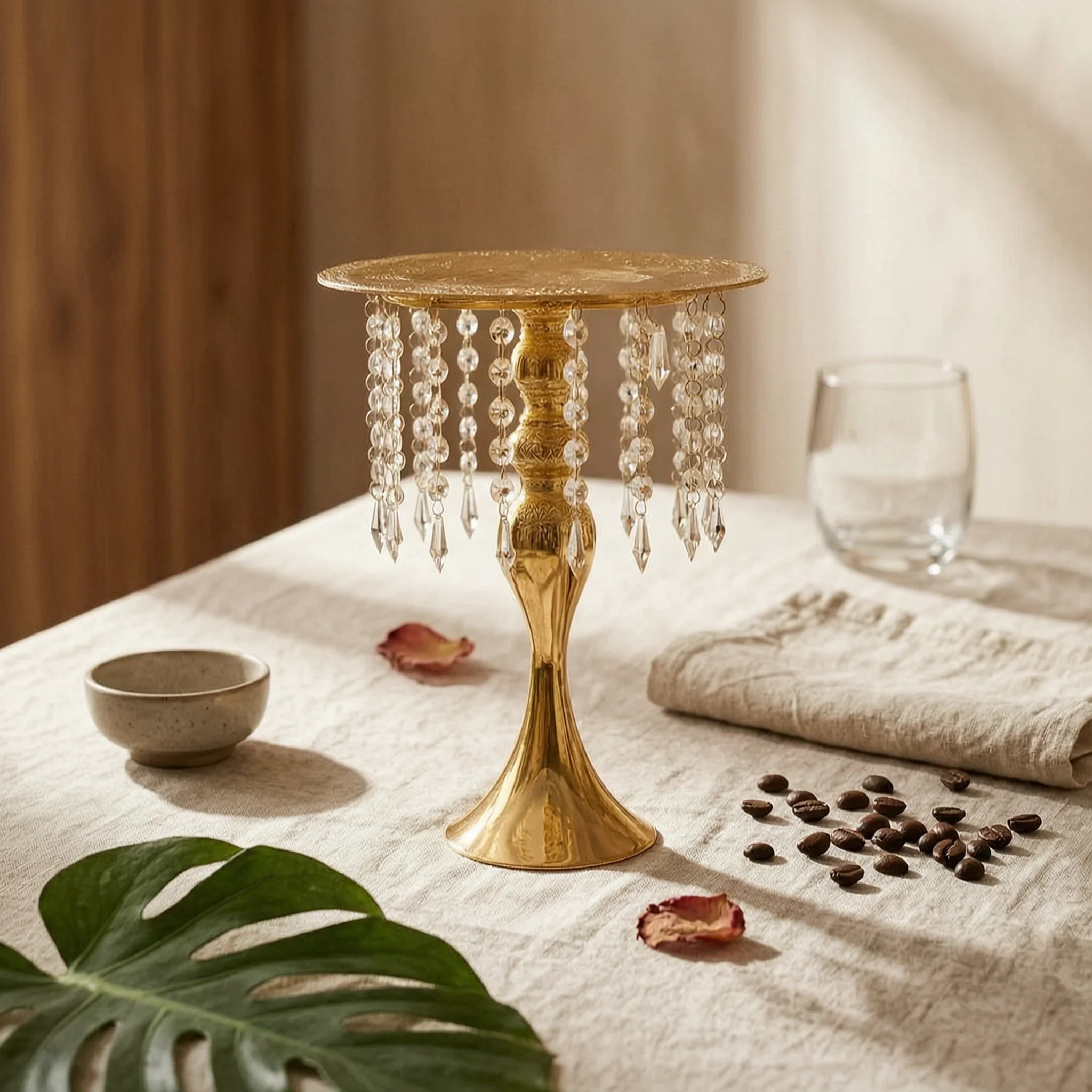 Cake Stand with Hanging Crystals Ornate Cake Stand with Crystal Pendants Display Riser Stone-Texture Glam for Wedding Planners