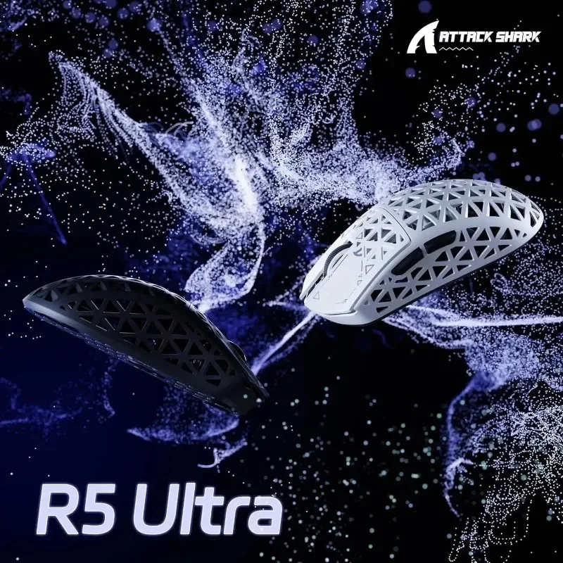 Attack Shark R5 Ultra 8K Mouse sem fio Tri-mode Leve PAW3950 Fibra de carbono 42000DPI Design oco Esports Game Mouse