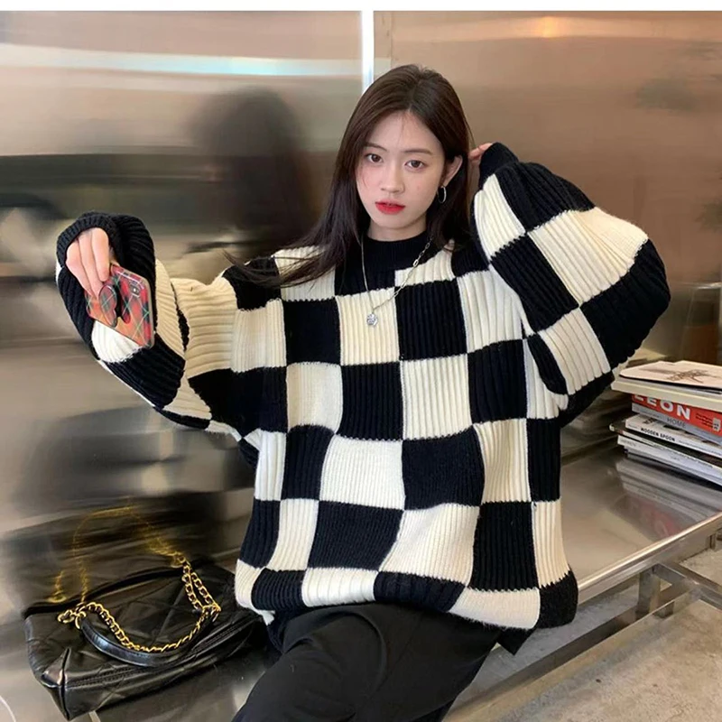 Gidyq Women Checkerboard Knitted Sweater Autumn Korean Casual Warm Loose Long Sleeve Top Female Streetwear All Watch Jumper New