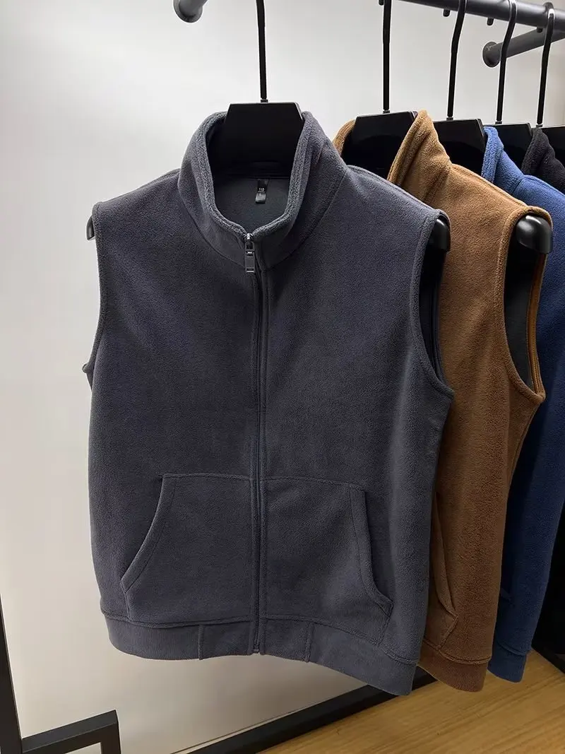Autumn Winter Polar Fleece Vest Men Windproof Outdoor Warm Sleeveless Double Sided Coat Plush Stand Collar Casual Waistcoat