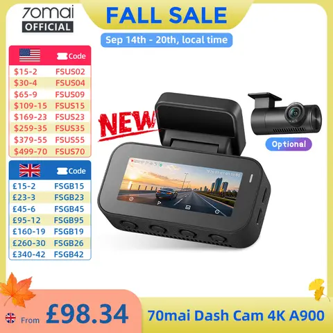 【New】70mai Dash Cam A900 Dual 4K Dual HDR f/1.55 Aperture Supercapacitor Wi-Fi 6 GPS Max 512GB 4G LTE Cloud Car DVR 70mai A900