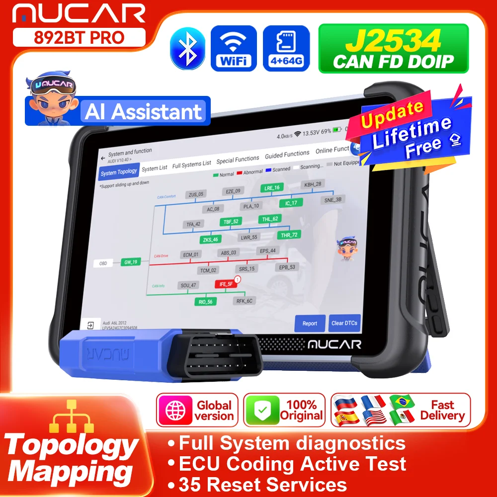 MUCAR 892BT PRO Obd2 Diagnostic Tool Lifetime Free Update J2534 CAN FD/DOIP OBD 2 Scanner Topology Map 35 Resets ECU Coding AI