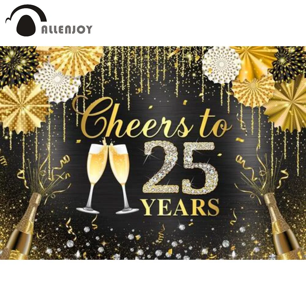 Allenjoy-telón de fondo con brillo dorado para cumpleaños, cartel decorativo para fotomatón, celebración de 25 años, abanico de papel, boda, aniversario, fiesta