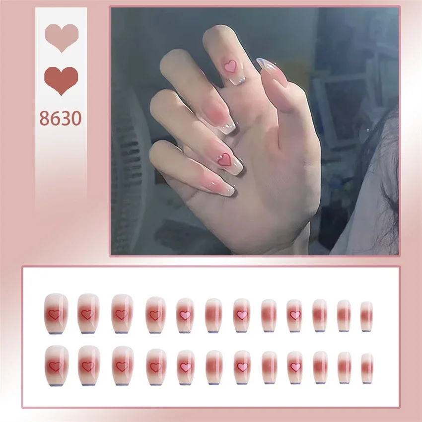 

24Pcs/Set Show White Middle Length Wearing False Nails Paste Fashion Love Heart Press on Nails Removable Acrylic Fake Nails Tips