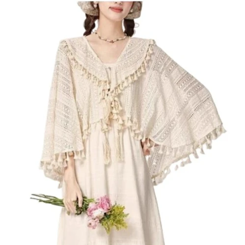 

Women Summer Vintage Knit Fringe Button Up Shirt Sweet Hollow Out Casual Blouse