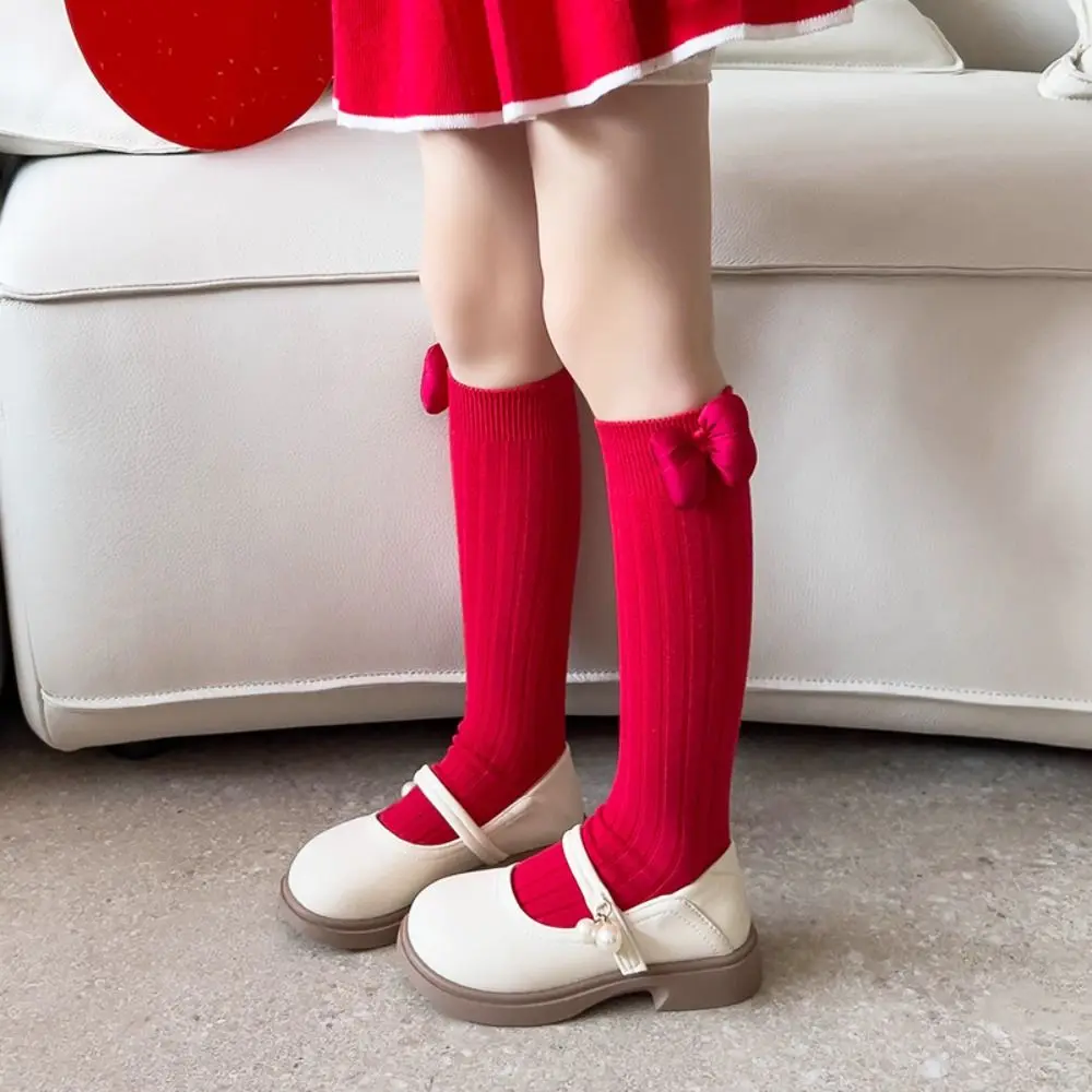 Cute Middle Tube New Year Red Socks Cotton Sweet Bow Hosiery for Kids Thicken Princess Children Long Socks Autumn