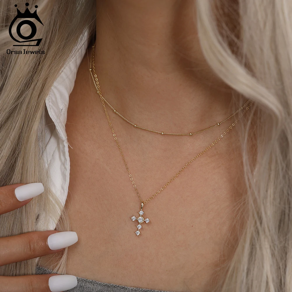 

ORSA JEWELS S925 Серебряное изысканное колье с циркониевым крестом, модная цепочка с вращающимся крестом для свадьбы, на ключицу, SAPN51