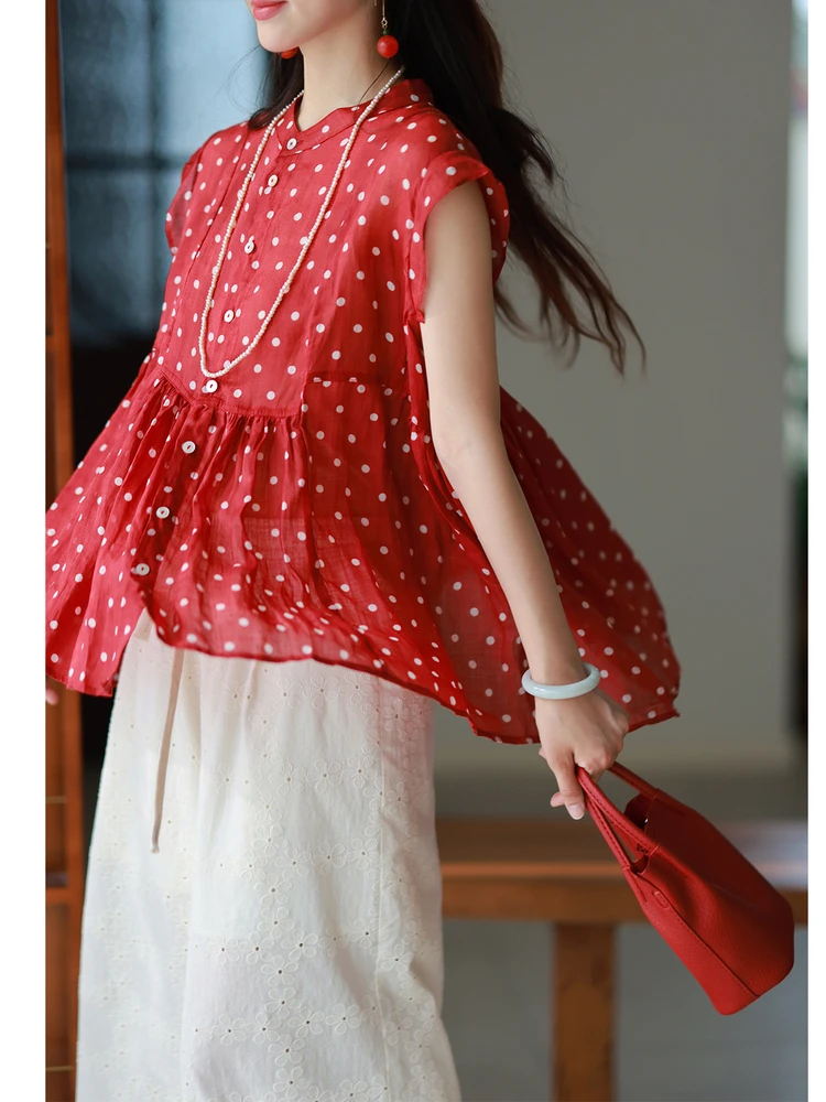 

Moadai Original Women's Summer New Stand Collar Single Button Small Flng Sve Flax Polka Dot Thin irt Versatile Top