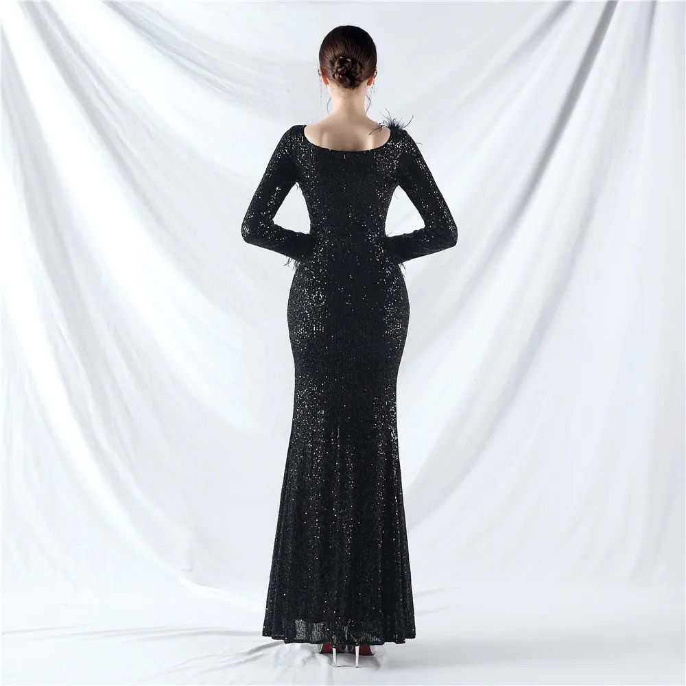 Customized Women's Crew New Long Sleeve  Sequins  Ostrich   Prom Dresses Long Formal Gown Mermaid Evening Dress