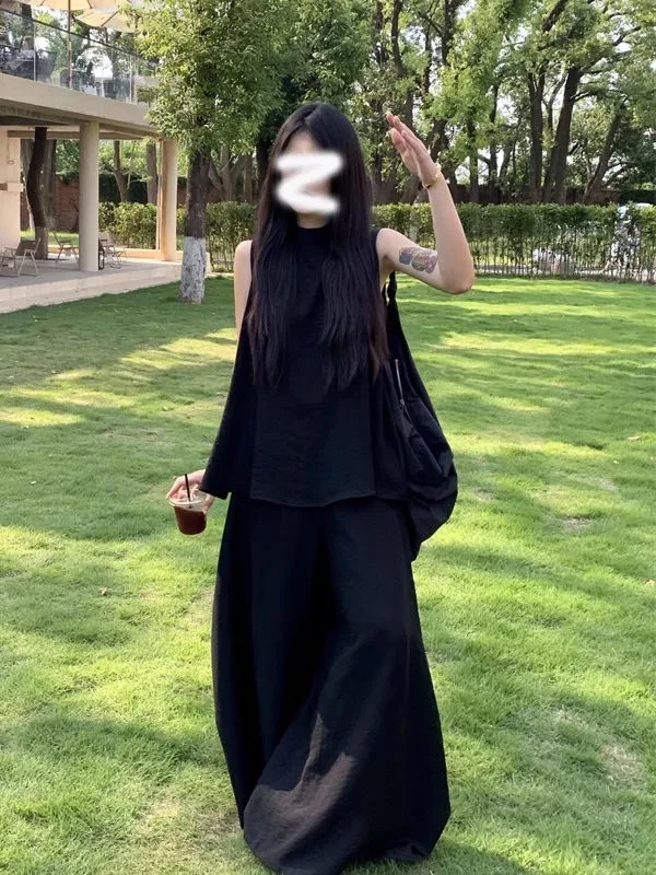 

Salt Series Vintage Casual Loose Women's Set Spring Lazy Loose Feeling Wide Leg Pants And Vest Fashionable Two-Piece Suit