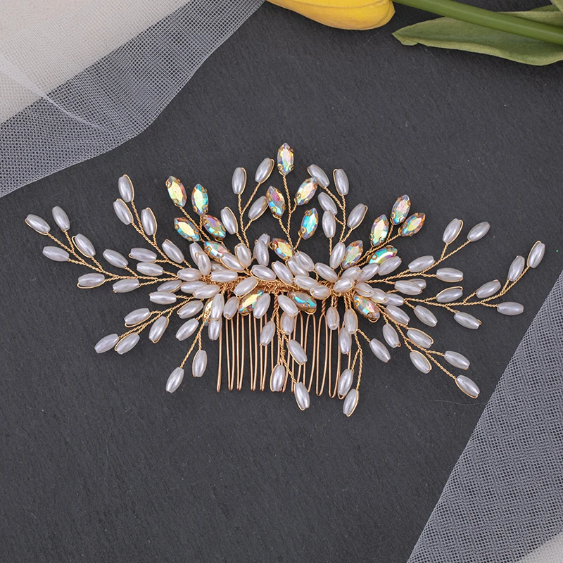 Handmade New Pearls Wedding Hair Combs Colorful Crystal Headpiece For Bride Women Girls Gold Vintage Head Jewelry Pageants Gift