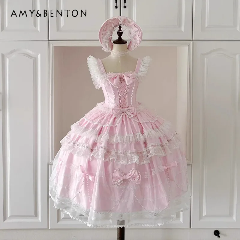 

2025 Pink Vestidos Women's Clothing New Spring Autumn Original Design Sweet Cute Jsk Ball Gown Dresses Japanese Lolita Y2k Dress