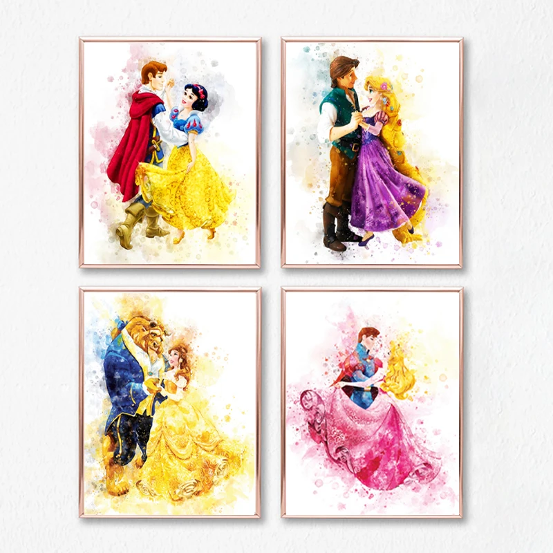 Watercolor Disney Princesses & Princes Art Painting Beauty and the Beast Cinderella Anime Couple Poster Canvas Prints Wall Decor