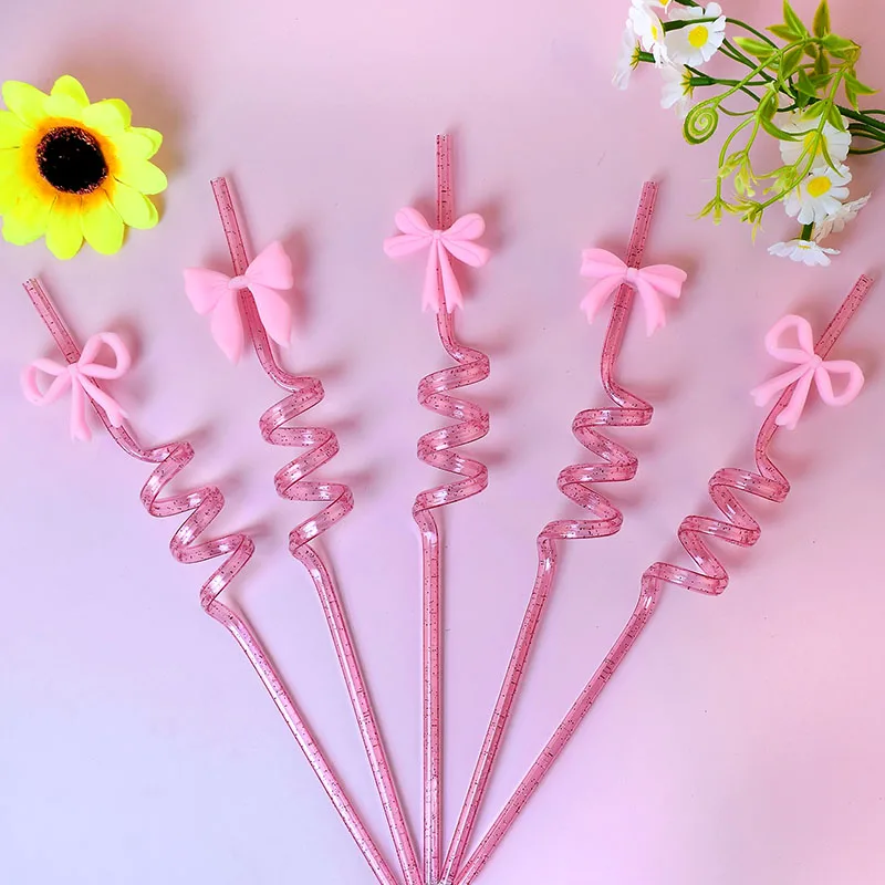 4/8/12/16pcs of reusable glitter spiral straws with cute bows—perfect for themed events and other special parties