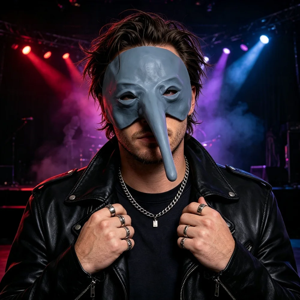 Máscara de estrella de rock de látex con nariz larga, máscara de artista de heavy metal, máscara de terror, accesorio para disfraz de Halloween, festival de música, rockero oscuro